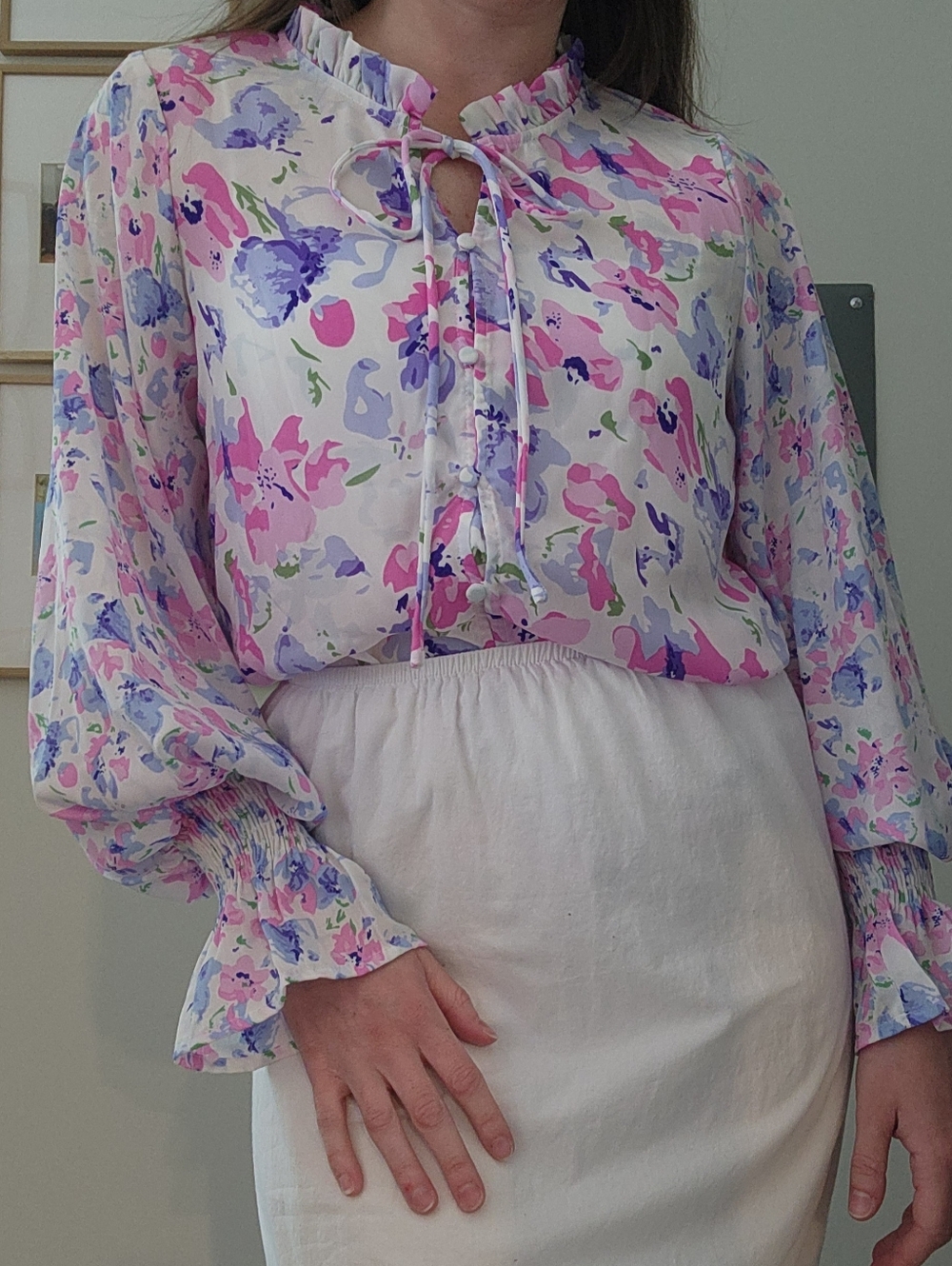 Floral Ruffle Tie-Neck Blouse - White with Pink & Blue/Purple Flowers